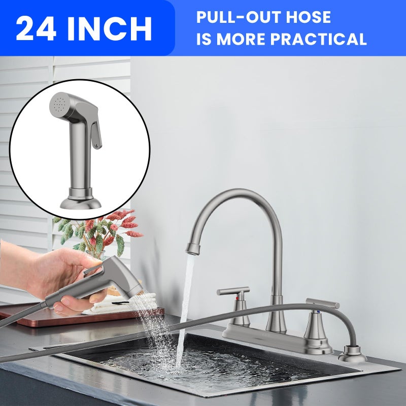 HURRAN 2-Handle Kitchen Faucet with Pull-Out Side Sprayer, 8 Inch High Arch Stainless Steel 360Â°Rotating Kitchen Sink Faucet, 4 Hole Faucet for Kitchen Bar Rv Camper, Nickel - Image 4