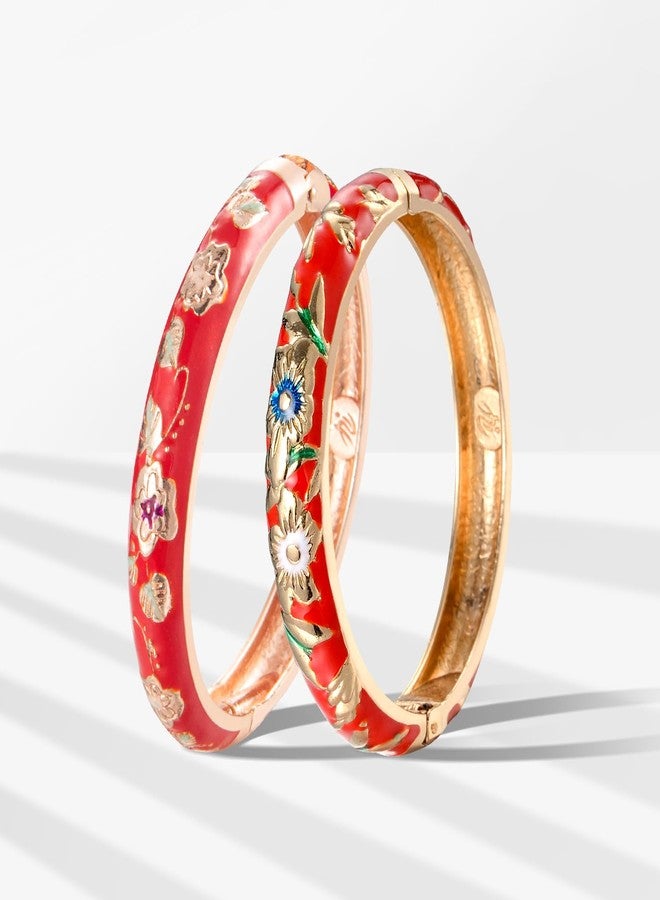 UJOY Vintage Bracelet Enameled Jewelry Spring Hinge Metal Gold Plated Cuff Cloisonne Bangles Set Gift Box Packed 55A87-55A103 Red - Image 2