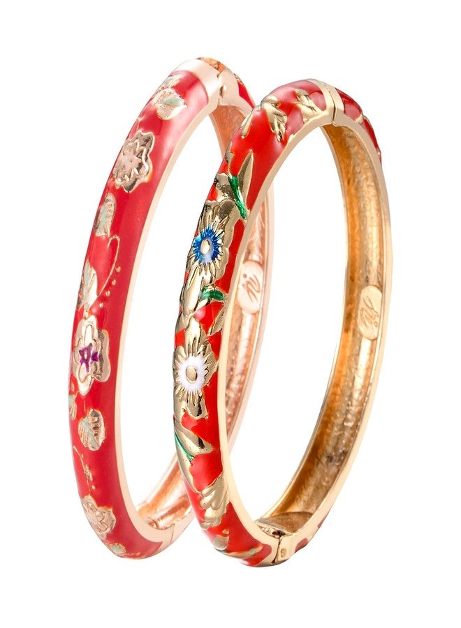 UJOY Vintage Bracelet Enameled Jewelry Spring Hinge Metal Gold Plated Cuff Cloisonne Bangles Set Gift Box Packed 55A87-55A103 Red - Image 1