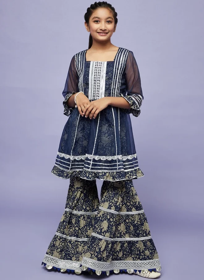 AKS Navy Blue Floral Printed Kurta Set For Girls