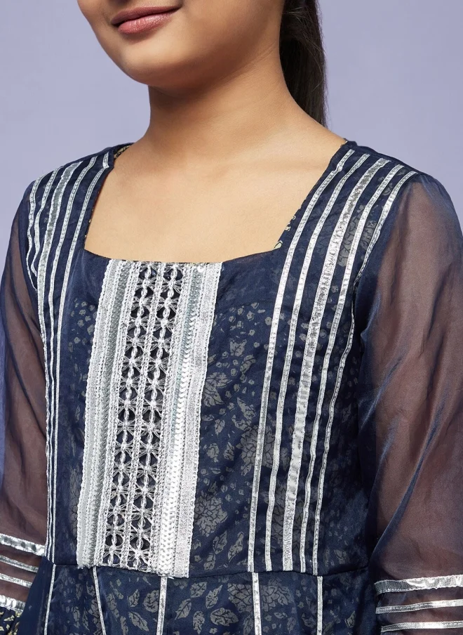 AKS Navy Blue Floral Printed Kurta Set For Girls