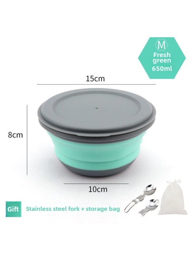 Folding Bowl Portable Retractable Japanese Outdoor Compression Travel Travel Wild Tableware Baby Picnic Drop-resistant Lunch Box-Color:Green - Medium Bowl, Free Stainless Steel Fork + Storage Bag  - Image 1