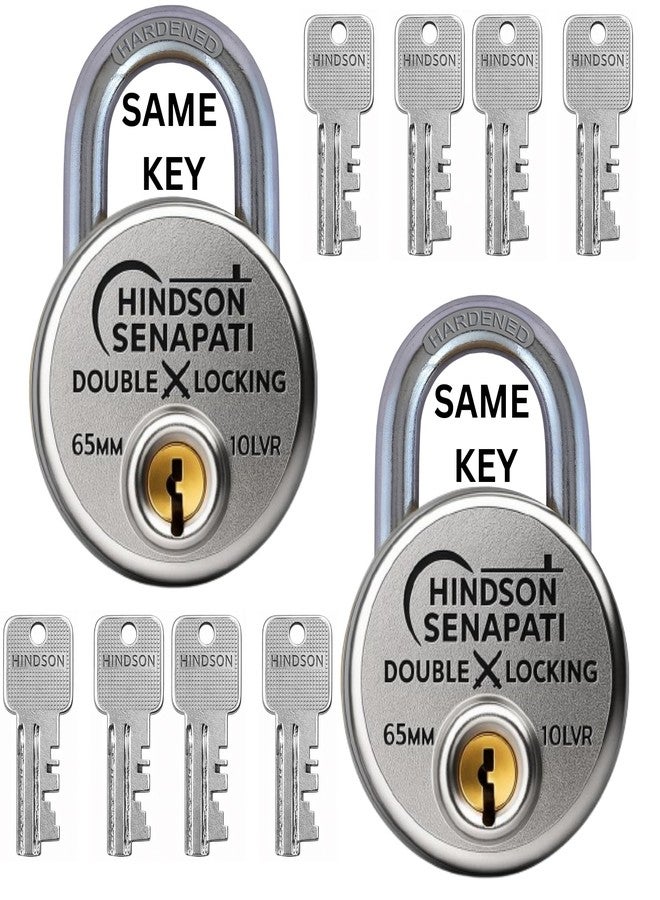 Hindson Same Key Senapati 65mm Round Padlock, Pack of 2 with 8 Same Keys, Hardened Shackle, 10 Lever Mechanism, Heavy Duty, Double Locking Security Lock for Gates, Doors & Shutters (Silver)