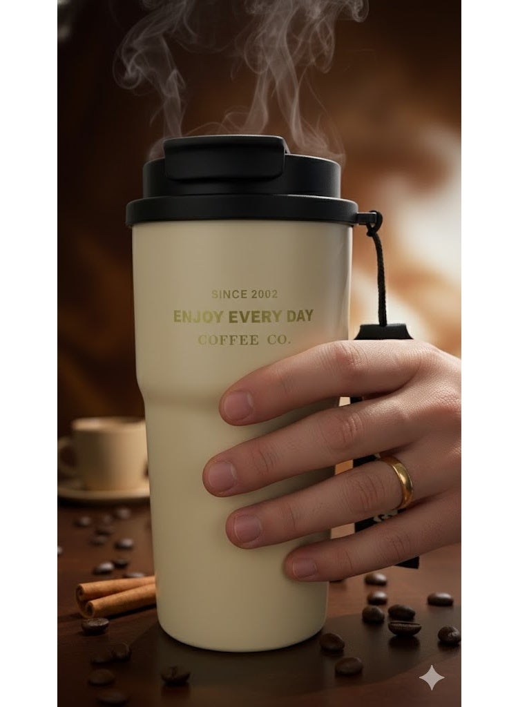 Biki 500ml thermal coffee mug with lid and carrying strap - Beige - Image 3