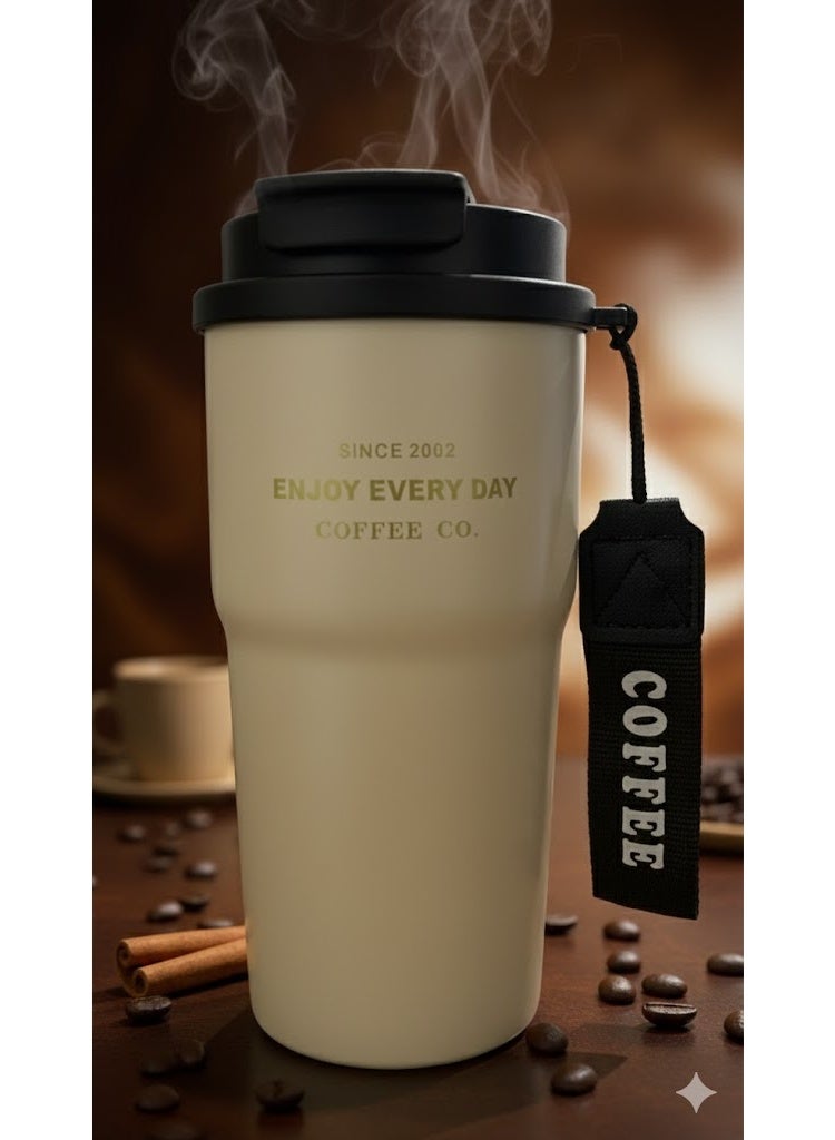 Biki 500ml thermal coffee mug with lid and carrying strap - Beige - Image 1