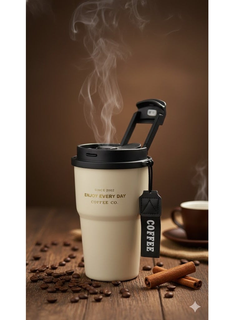 Biki 500ml thermal coffee mug with lid and carrying strap - Beige - Image 5