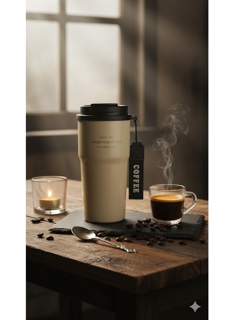 Biki 500ml thermal coffee mug with lid and carrying strap - Beige - Image 4