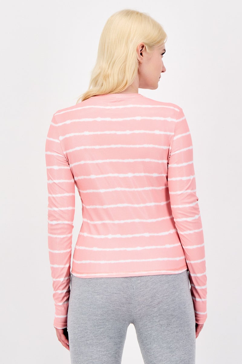 Columbia تي شيرت نسائي بأكمام طويلة وياقة دائرية، مخطط، وردي - Image 3