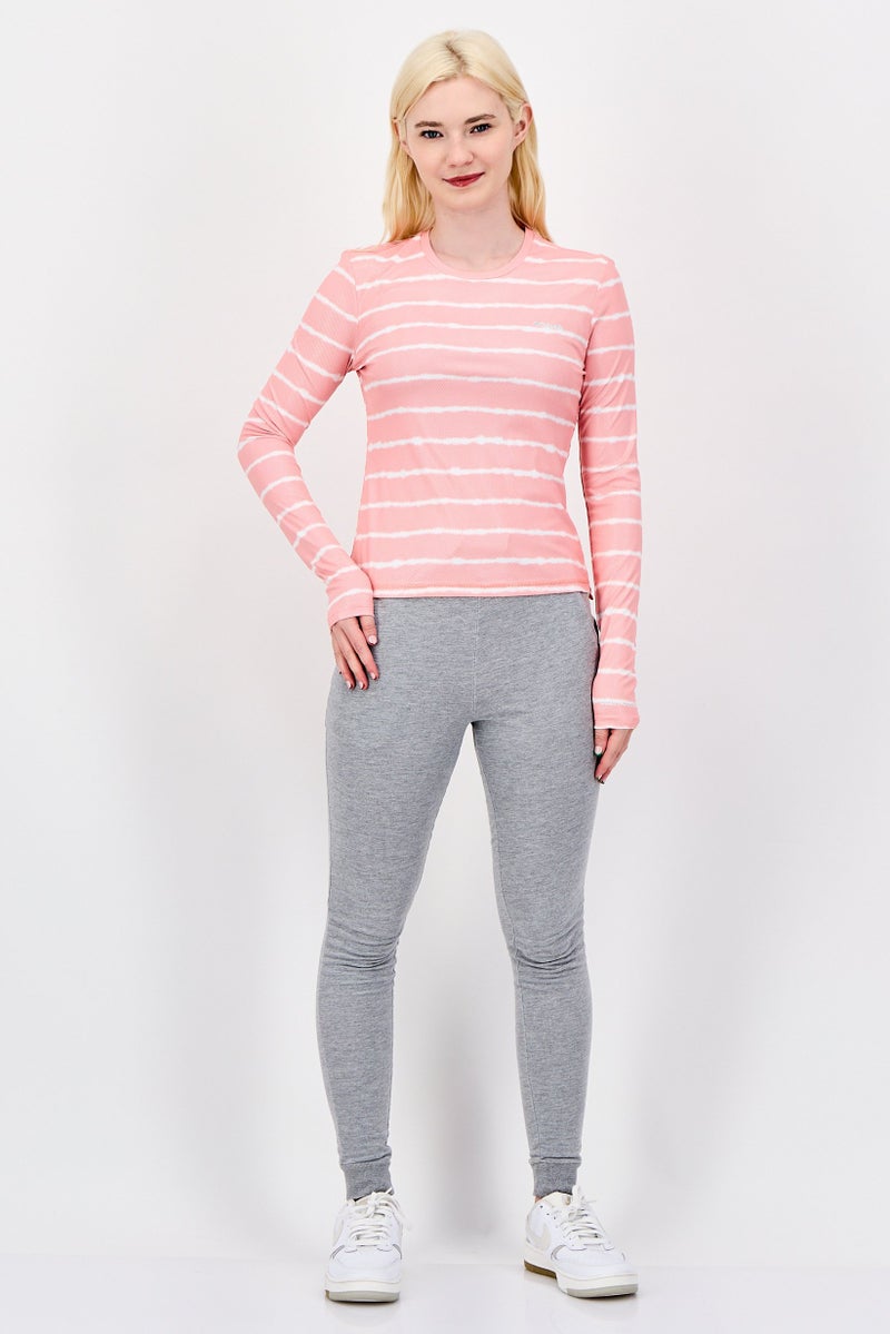 Columbia تي شيرت نسائي بأكمام طويلة وياقة دائرية، مخطط، وردي - Image 4