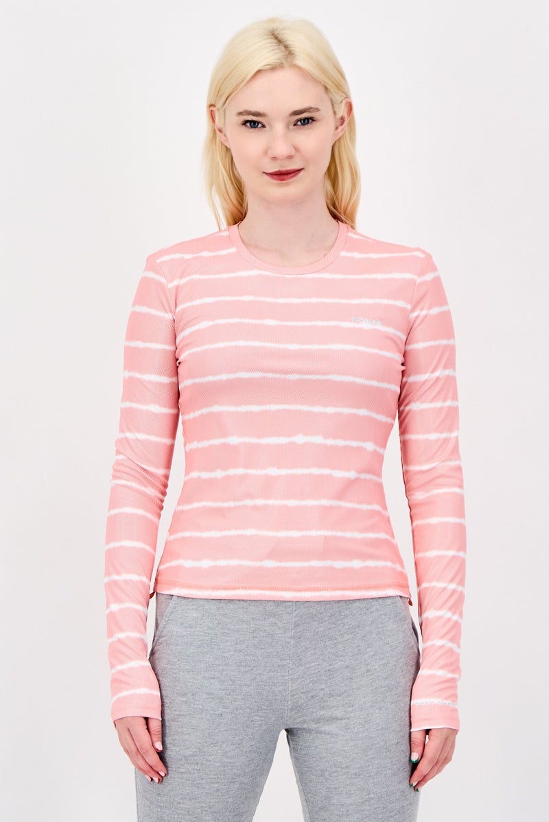 Columbia تي شيرت نسائي بأكمام طويلة وياقة دائرية، مخطط، وردي - Image 1