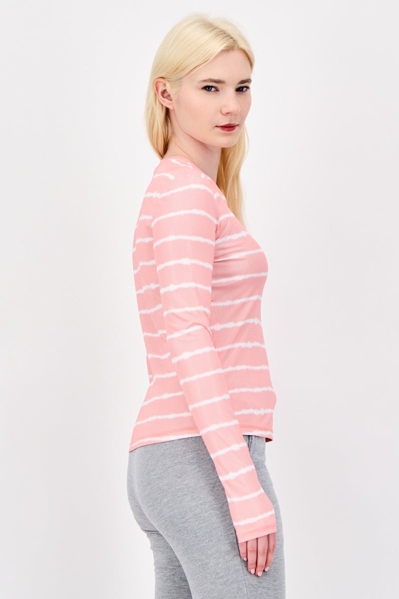 Columbia تي شيرت نسائي بأكمام طويلة وياقة دائرية، مخطط، وردي - Image 2