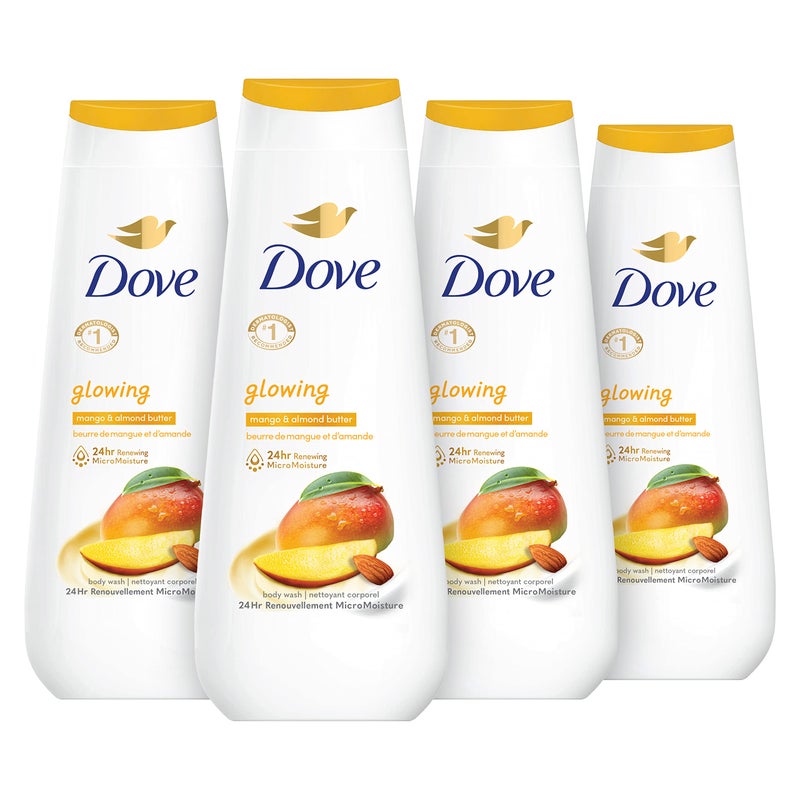 Dove غسول الجسم دوف مانجو متألق وزبدة لوز 4 قطع لبشرة متجددة وصحية المظهر منظف لطيف للبشرة مع ترطيب ميكرو 24 ساعة 20 أونصة - Image 1