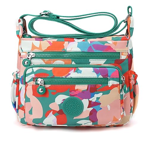 Pealwel Women Shoulder Handbag Roomy Multiple Pockets Bag Ladies Crossbody Purse Tote Top Handle Satchel(Green-Floral) - Image 1