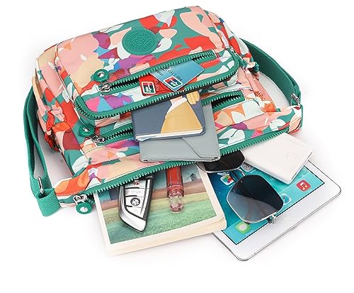 Pealwel Women Shoulder Handbag Roomy Multiple Pockets Bag Ladies Crossbody Purse Tote Top Handle Satchel(Green-Floral) - Image 5