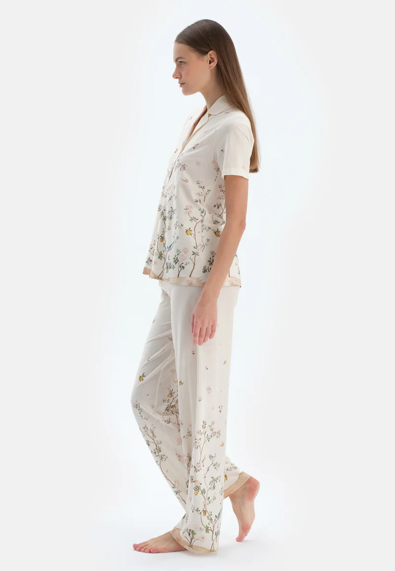 dagi Floral Regular/Classic Fit Shirt & Trousers Pajama Sets Spread Collar Cotton Blend Sleepwear