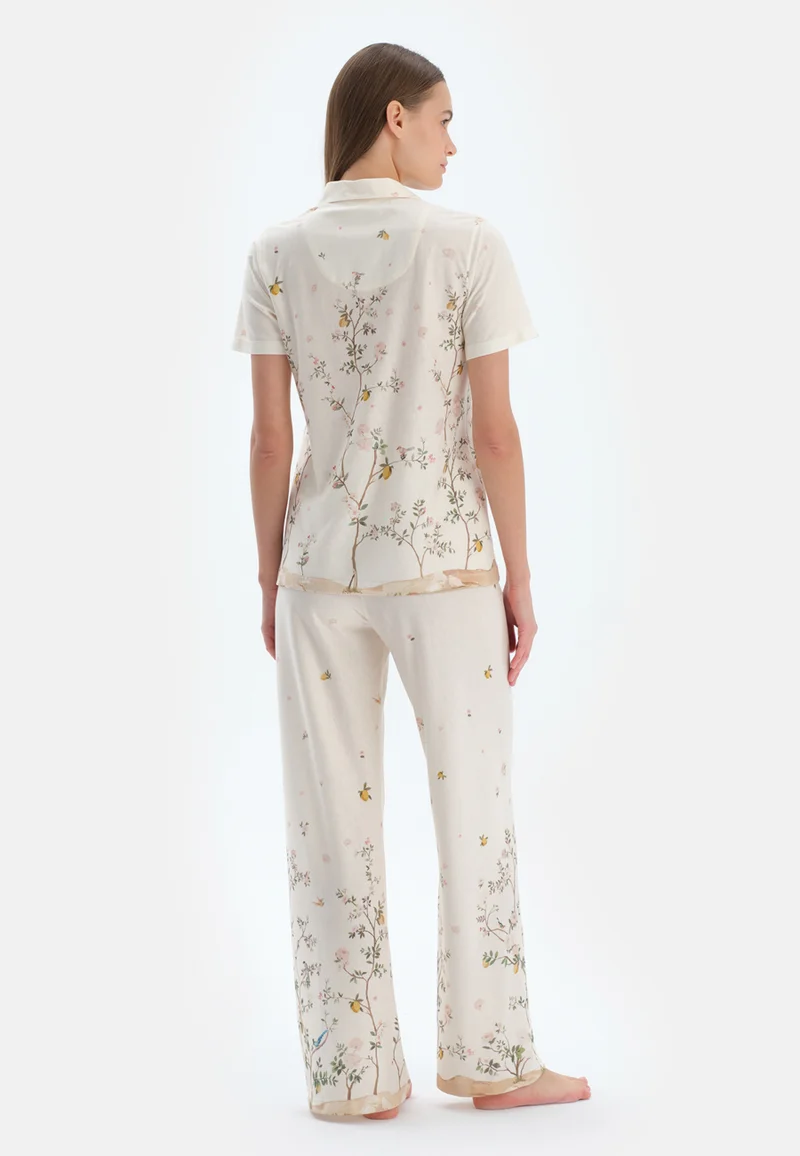 dagi Floral Regular/Classic Fit Shirt & Trousers Pajama Sets Spread Collar Cotton Blend Sleepwear