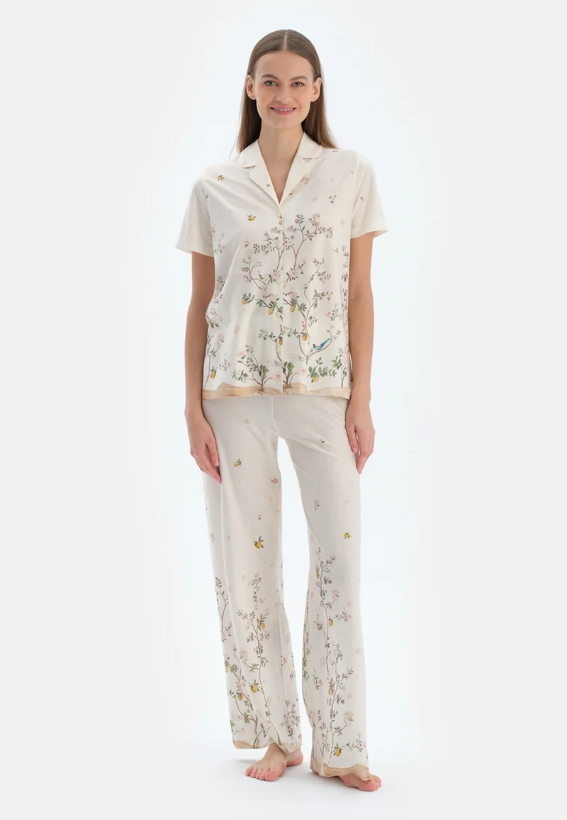Floral Regular/Classic Fit Shirt & Trousers Pajama Sets Spread Collar Cotton Blend Sleepwear
