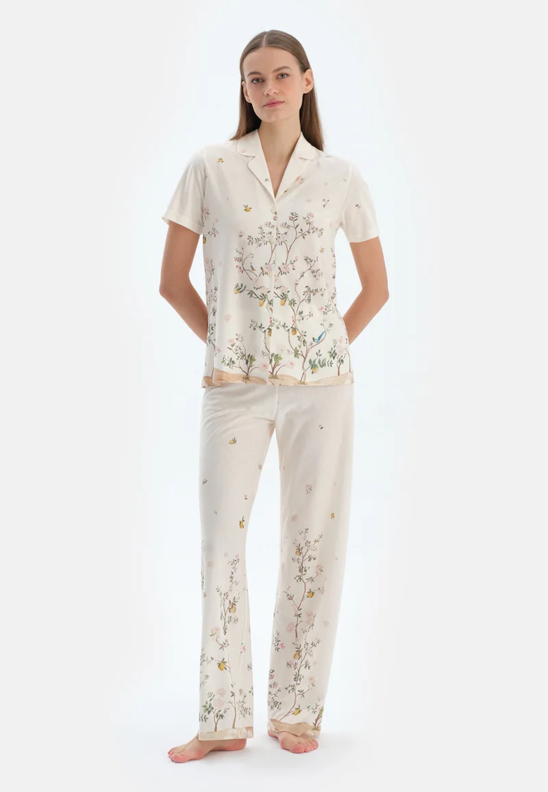 dagi Floral Regular/Classic Fit Shirt & Trousers Pajama Sets Spread Collar Cotton Blend Sleepwear