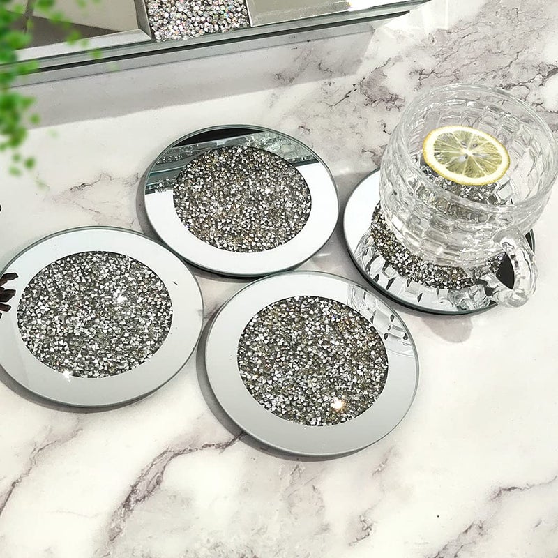 GIMORRTO Glass Mirrored Coaster 4 PC Crushed Diamond Round 4 Cup Mat Decor on Tabletop for Bar Tools Dining Table