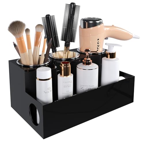 PITBVO Hair Tool Organizer, Black Acrylic Hair Dryer Holder with 3 Cups, Bathroom Supplies Countertop Blow Dryer Holder, Vanity Caddy Storage Stand for Accessories, Makeup, Toiletries - Image 1