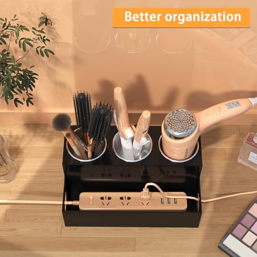 PITBVO Hair Tool Organizer, Black Acrylic Hair Dryer Holder with 3 Cups, Bathroom Supplies Countertop Blow Dryer Holder, Vanity Caddy Storage Stand for Accessories, Makeup, Toiletries - Image 3
