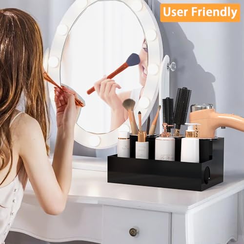 PITBVO Hair Tool Organizer, Black Acrylic Hair Dryer Holder with 3 Cups, Bathroom Supplies Countertop Blow Dryer Holder, Vanity Caddy Storage Stand for Accessories, Makeup, Toiletries - Image 4