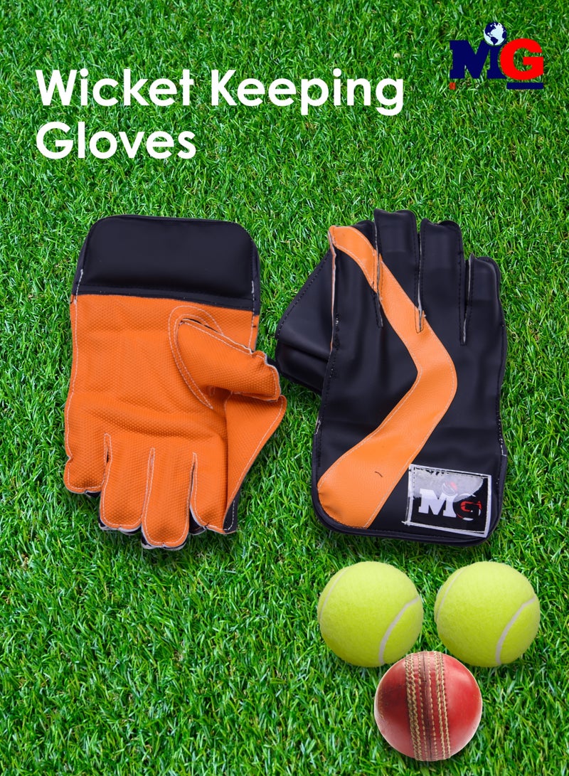 MG Wicket Keeping Gloves for Men's | Reinforced Leather Palm, Durable, Flexible & All-Weather Performance- Black & Orange - Image 2