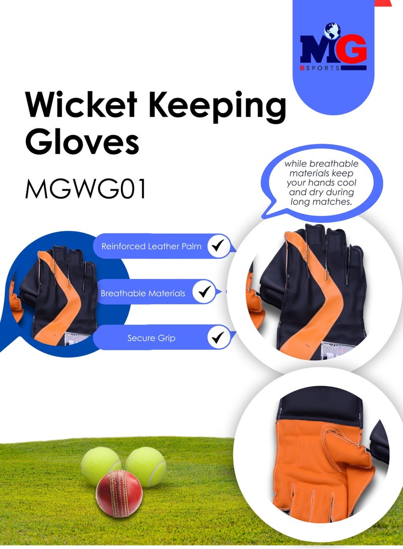 MG Wicket Keeping Gloves for Men's | Reinforced Leather Palm, Durable, Flexible & All-Weather Performance- Black & Orange - Image 3