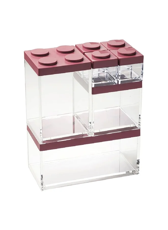 OMADA 7-Piece Acrylic and Plastic Brickstore Storage Box Set Sage Red and Clear 5.7 x 47.8 x 35.5 cm M6530RO