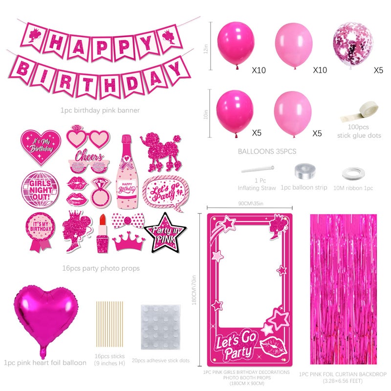 jenmir Birthday Decorations for Women,Happy Birthday Banner, 35 Balloons,Photo Booth Props for Girls (Hot Pink) - Image 2
