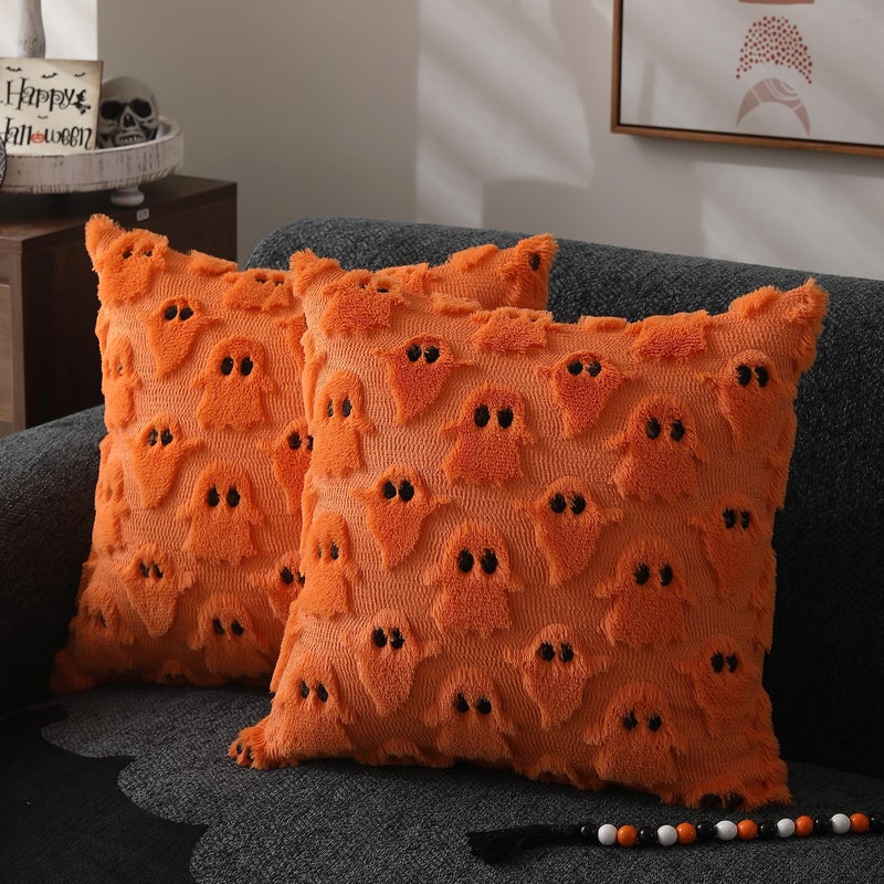 DFXSZ Halloween Pillow Covers 18x18 inch Set of 2 Orange Ghost Throw Pillow Cases Soft Plush Faux Fur Wool Couch Cushion Case for Chair Sofa Bedroom Living Room Home Decor PTK03C18