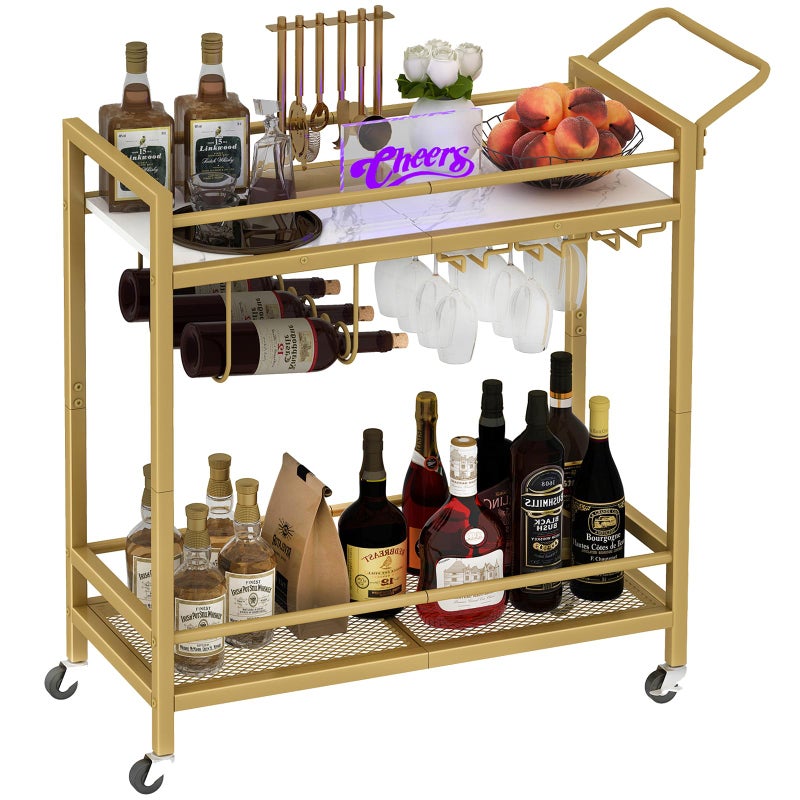 LAATOOREE Bar Cart TwoColor Home Bar Serving Cart Mobile Drink Beverage Cart with 2 Storage Shelves Rolling Kitchen Cart with Wine Holder and Glass Holder for Dinning Room Living Room Kitchen