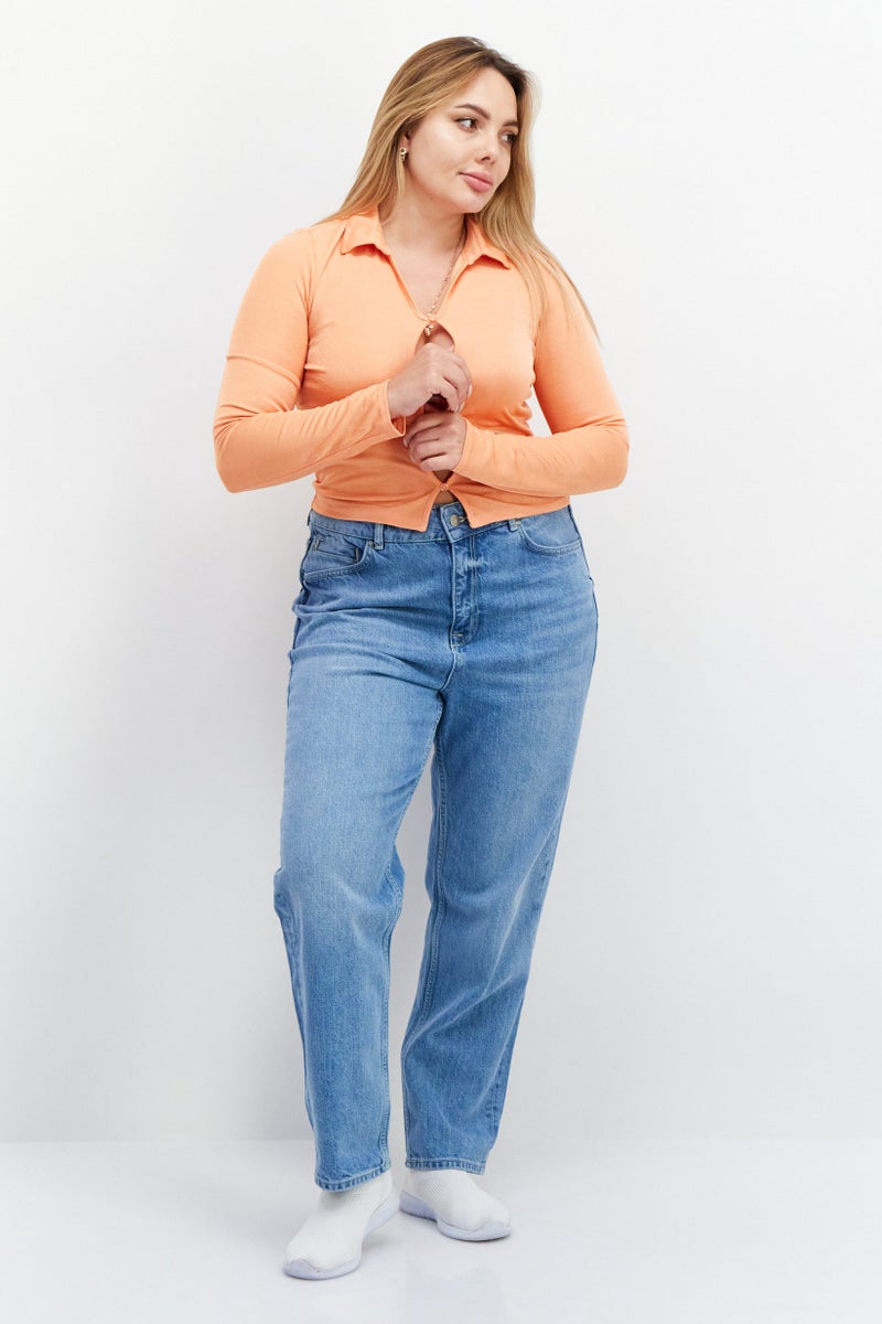 NEW LOOK Women Keyhole Long Sleeves Plain Cropped Top, Orange - Image 3