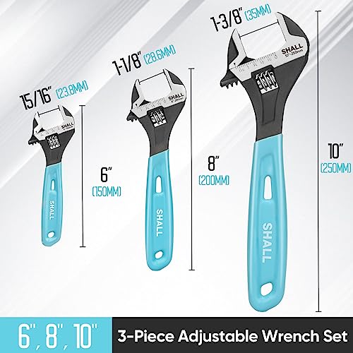 SHALL 3-Piece Adjustable Wrench Set, 10/8/6 Inch Cr-V Steel Wrench with Cushion Grip, Wide Jaw Black Oxide Wrench with Laser-etched SAE Scales for Home, Garage, Workshop and DIY - Image 2