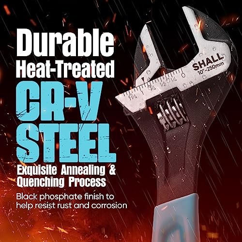 SHALL 3-Piece Adjustable Wrench Set, 10/8/6 Inch Cr-V Steel Wrench with Cushion Grip, Wide Jaw Black Oxide Wrench with Laser-etched SAE Scales for Home, Garage, Workshop and DIY - Image 3