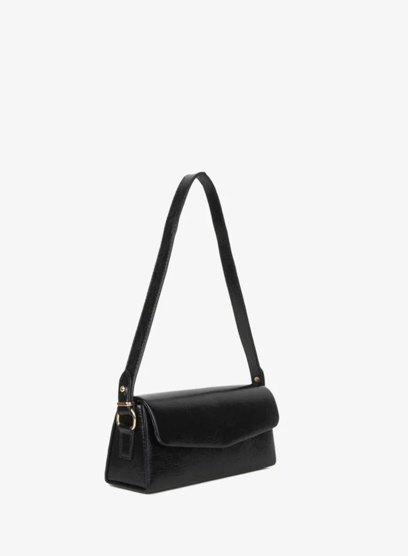Women's Poppy Black Textured Synthetic Leather Lined Snap Closure Hand, Arm and Shoulder Bag.
