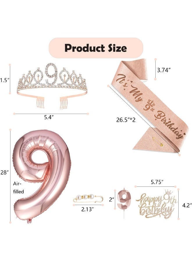 9th Birthday Decorations for Girls, Including 9 year old Birthday Cake Topper, Birthday Queen Sash with Pearl Pin, Sweet Rhinestone Tiara Crown, Number Candles and Balloons Set, Rose Gold - Image 2