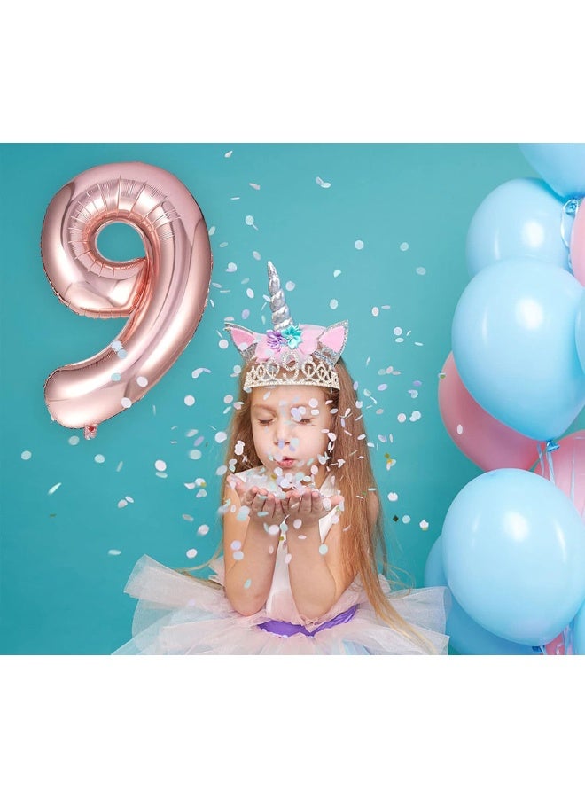 9th Birthday Decorations for Girls, Including 9 year old Birthday Cake Topper, Birthday Queen Sash with Pearl Pin, Sweet Rhinestone Tiara Crown, Number Candles and Balloons Set, Rose Gold - Image 5