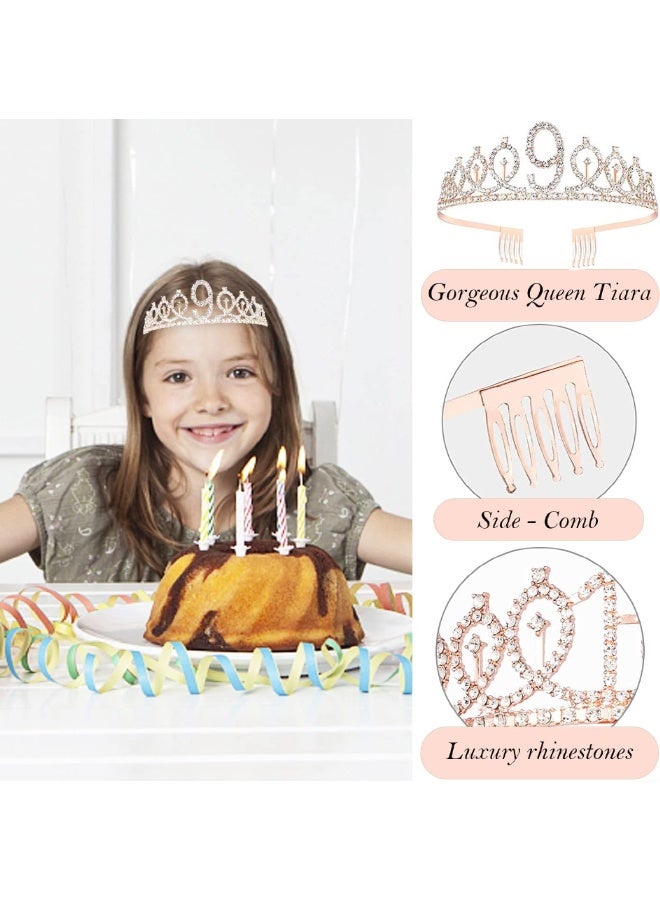 9th Birthday Decorations for Girls, Including 9 year old Birthday Cake Topper, Birthday Queen Sash with Pearl Pin, Sweet Rhinestone Tiara Crown, Number Candles and Balloons Set, Rose Gold - Image 3