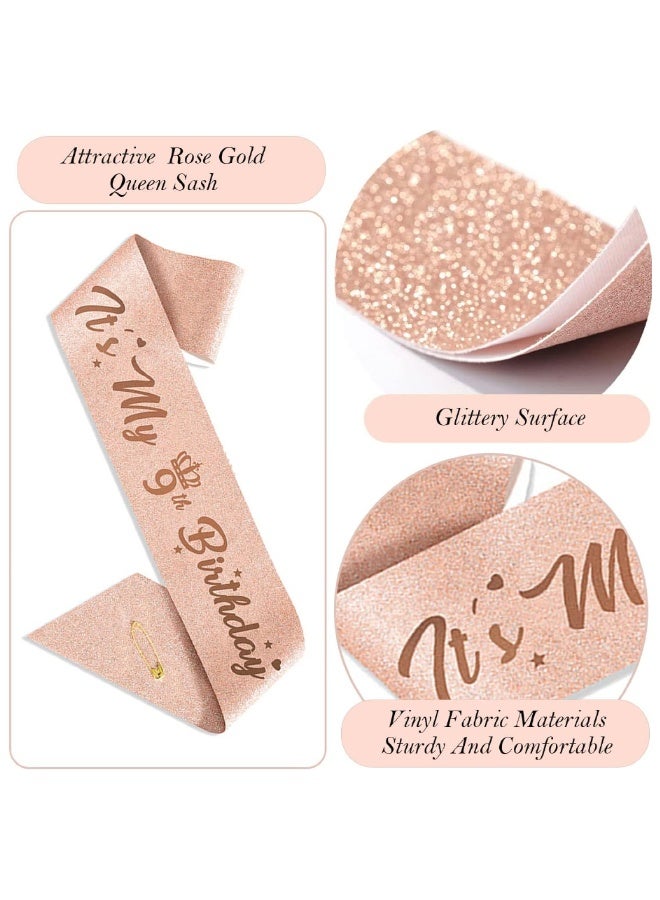 9th Birthday Decorations for Girls, Including 9 year old Birthday Cake Topper, Birthday Queen Sash with Pearl Pin, Sweet Rhinestone Tiara Crown, Number Candles and Balloons Set, Rose Gold - Image 4