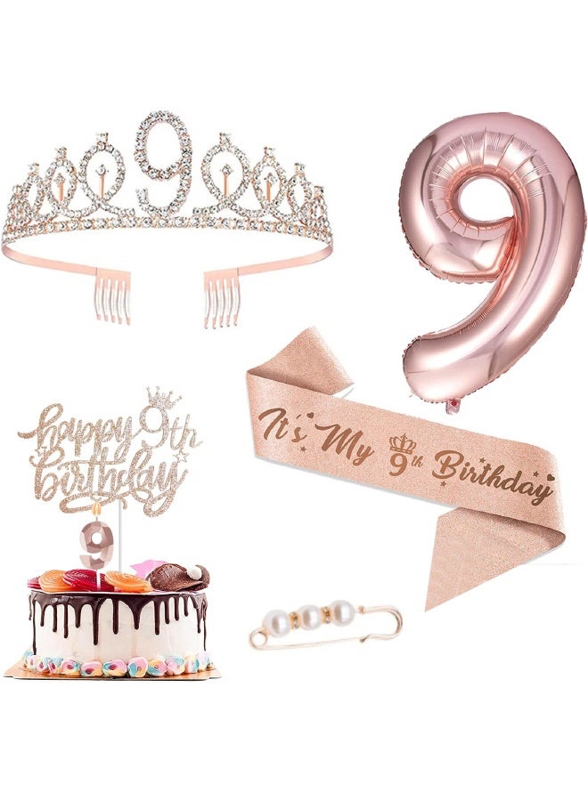 9th Birthday Decorations for Girls, Including 9 year old Birthday Cake Topper, Birthday Queen Sash with Pearl Pin, Sweet Rhinestone Tiara Crown, Number Candles and Balloons Set, Rose Gold - Image 1