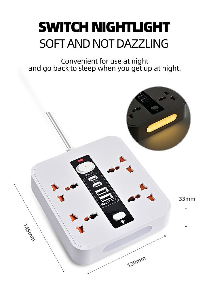 Extension Cord Protector Power Strip with 4 Outlets, 2 USB-A Ports, 2 USB-C Port, Flat Plug, Desk USB Charging Station, Ideal for All Electronic Devices, White, With Night Lamp - Image 1