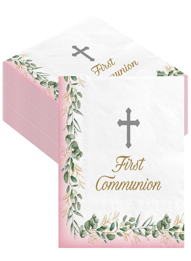 Gilprop 100 Pcs My First Communion Beverage Napkins 5" x 5" Cross Paper Napkins First Holy Baptism Tissue Disposable Dinner Decor for Communion Baptism Confirmation Supplies (Sweet Pink) - Image 1