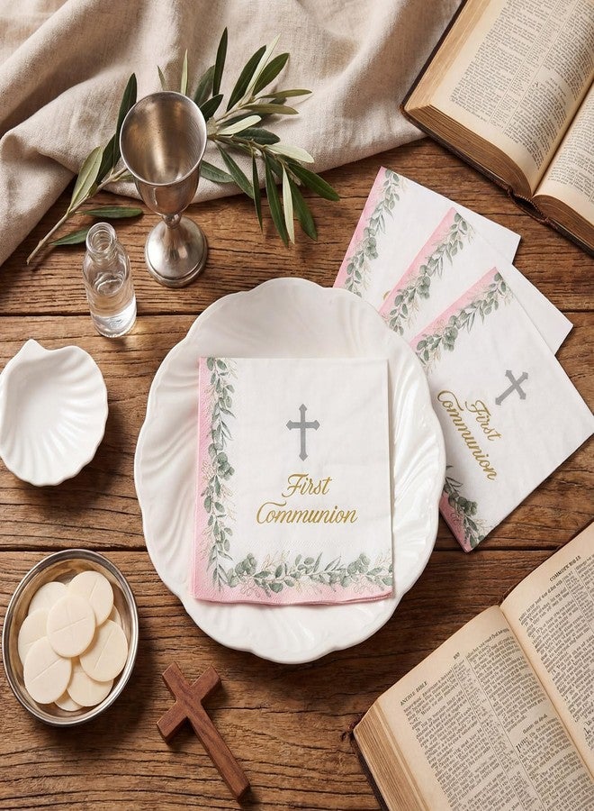 Gilprop 100 Pcs My First Communion Beverage Napkins 5" x 5" Cross Paper Napkins First Holy Baptism Tissue Disposable Dinner Decor for Communion Baptism Confirmation Supplies (Sweet Pink) - Image 4