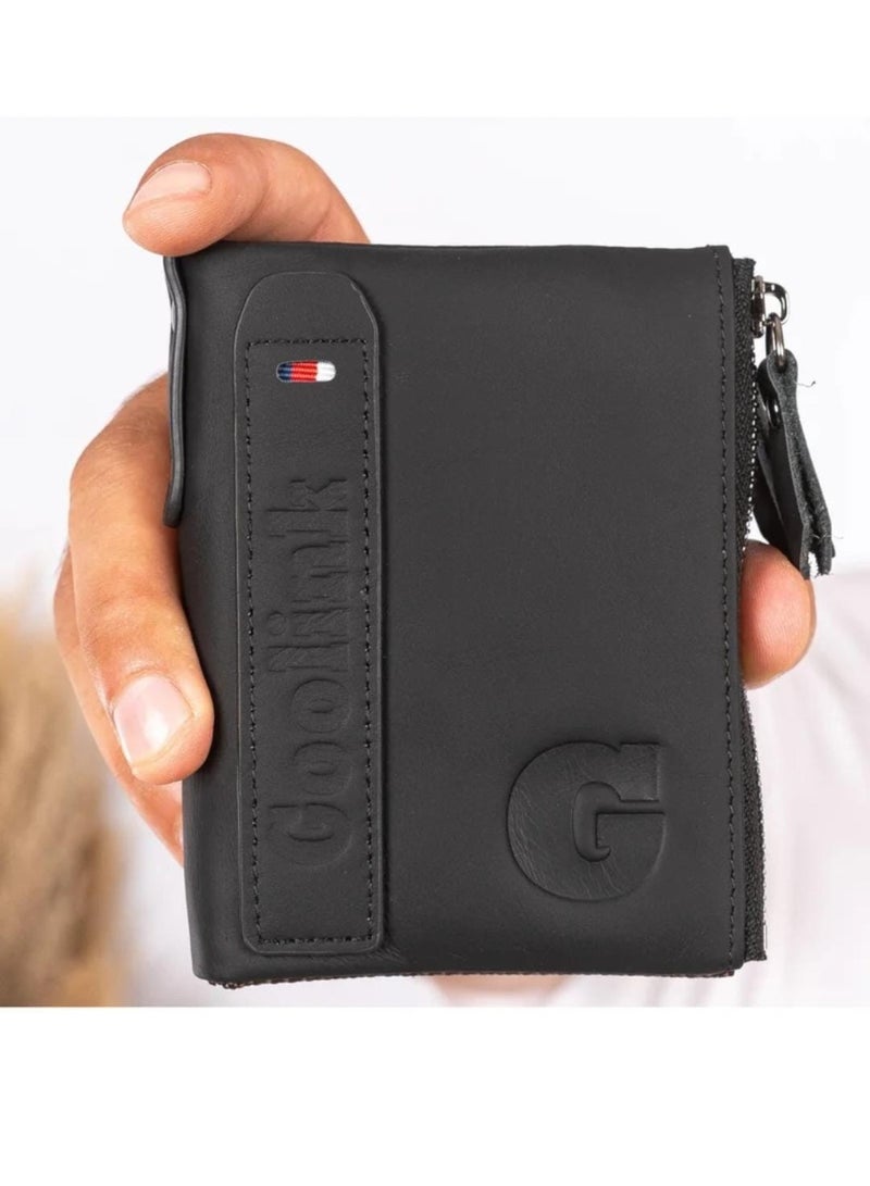 جولينك GL32400 – محفظة جلدية أصلية ممتازة للرجال | تصميم أنيق ثنائي الطي بسحّابين - اسود