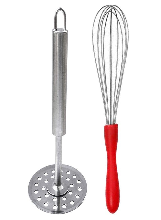 JISUN Stainless Steel Egg Whisk/Egg Beater & Potato Masher Silver Kitchen Tool Set (Design 27) - Image 1