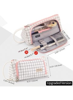 EASTHILL EASTHILL Medium Capacity Colored Canvas Storage Pouch Marker Pen Pencil Case Simple Stationery Bag Holder For Middle High School Office College Student Girl Women Adult Teen Christmas Gift White Plaid  - Image 3