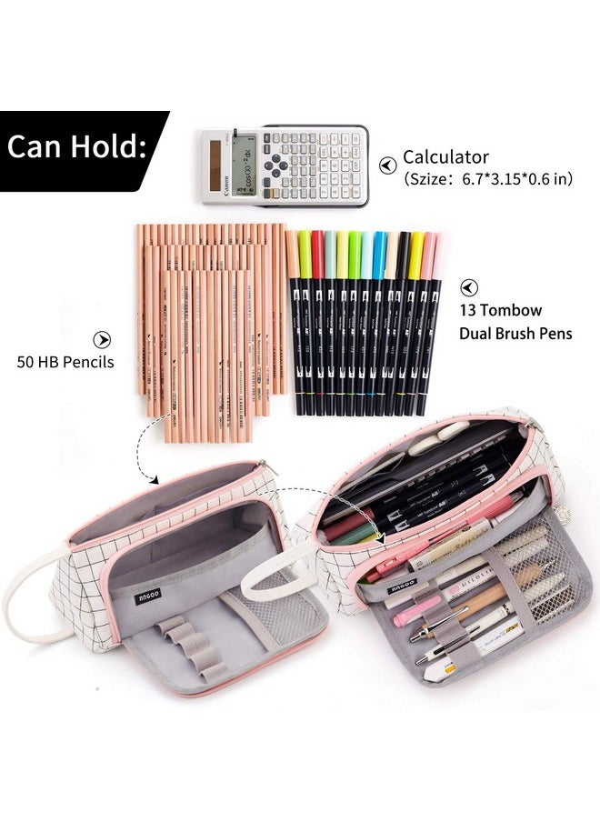 EASTHILL EASTHILL Medium Capacity Colored Canvas Storage Pouch Marker Pen Pencil Case Simple Stationery Bag Holder For Middle High School Office College Student Girl Women Adult Teen Christmas Gift White Plaid  - Image 2