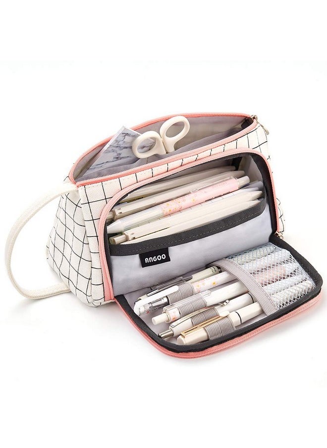 EASTHILL EASTHILL Medium Capacity Colored Canvas Storage Pouch Marker Pen Pencil Case Simple Stationery Bag Holder For Middle High School Office College Student Girl Women Adult Teen Christmas Gift White Plaid  - Image 4