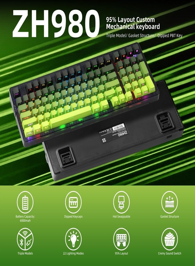 زورنر لوحة مفاتيح ميكانيكية لاسلكية ZORNHER ZH980، لون أخضر كريمي بنسبة 95%، مزودة بلوحة أرقام، لوحة مفاتيح للألعاب مزودة بلوحة أرقام، أغطية مفاتيح مضيئة مطلية بمادة PBT، مفاتيح خطية ذات صوت كريمي. - Image 2